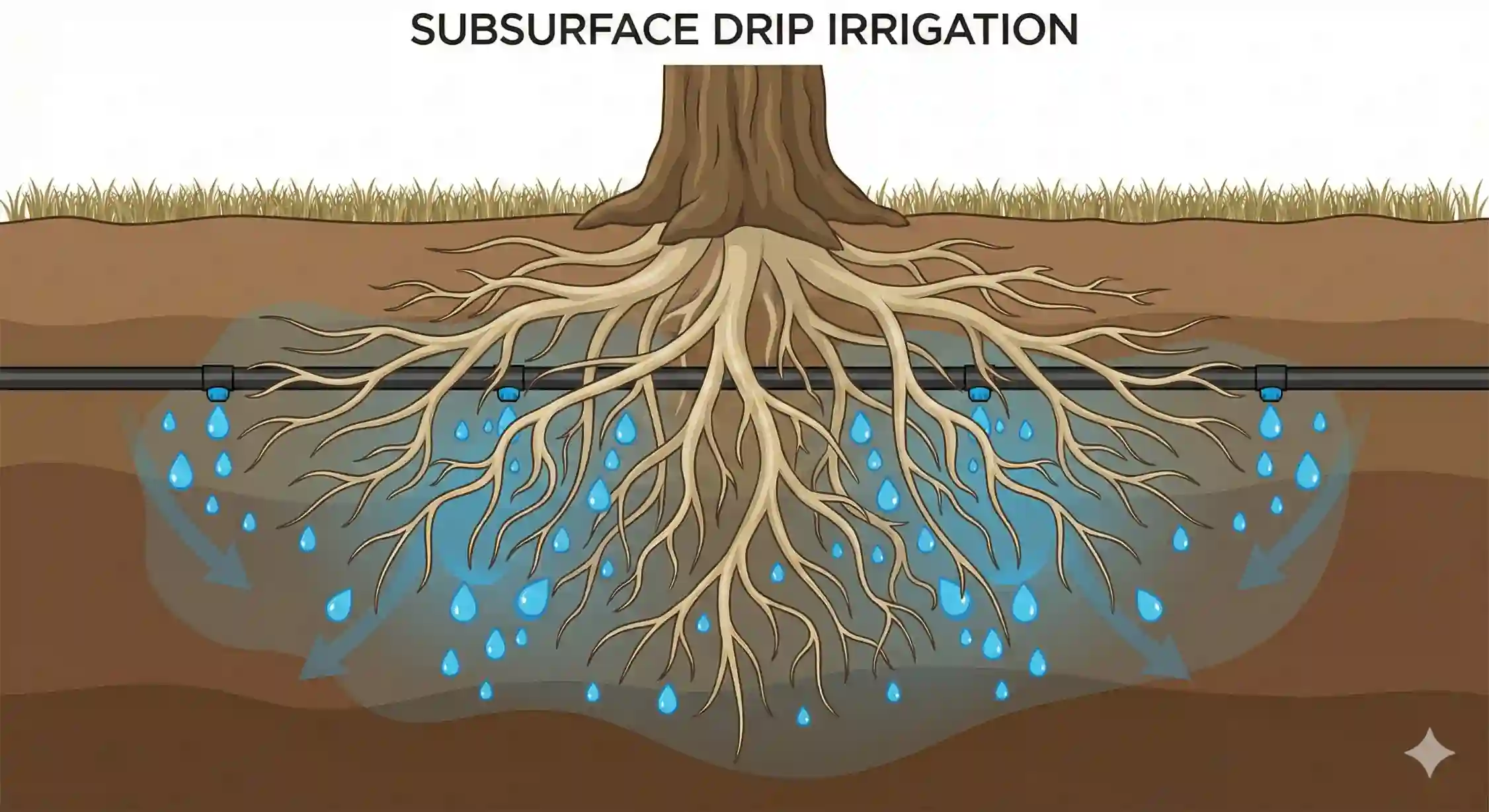 برش عرضی سیستم آبیاری زیرسطحی و نحوه آبرسانی به ریشه درختان.